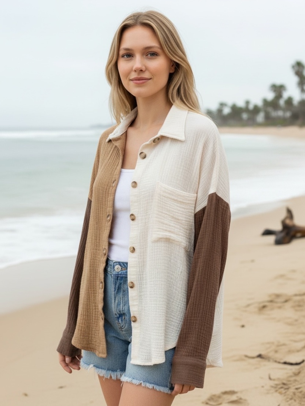 HEYDAY COLOR-BLOCKED OVERSIZED GAUZE BUTTON-DOWN NATURAL COTTON SHIRT SIZE M
